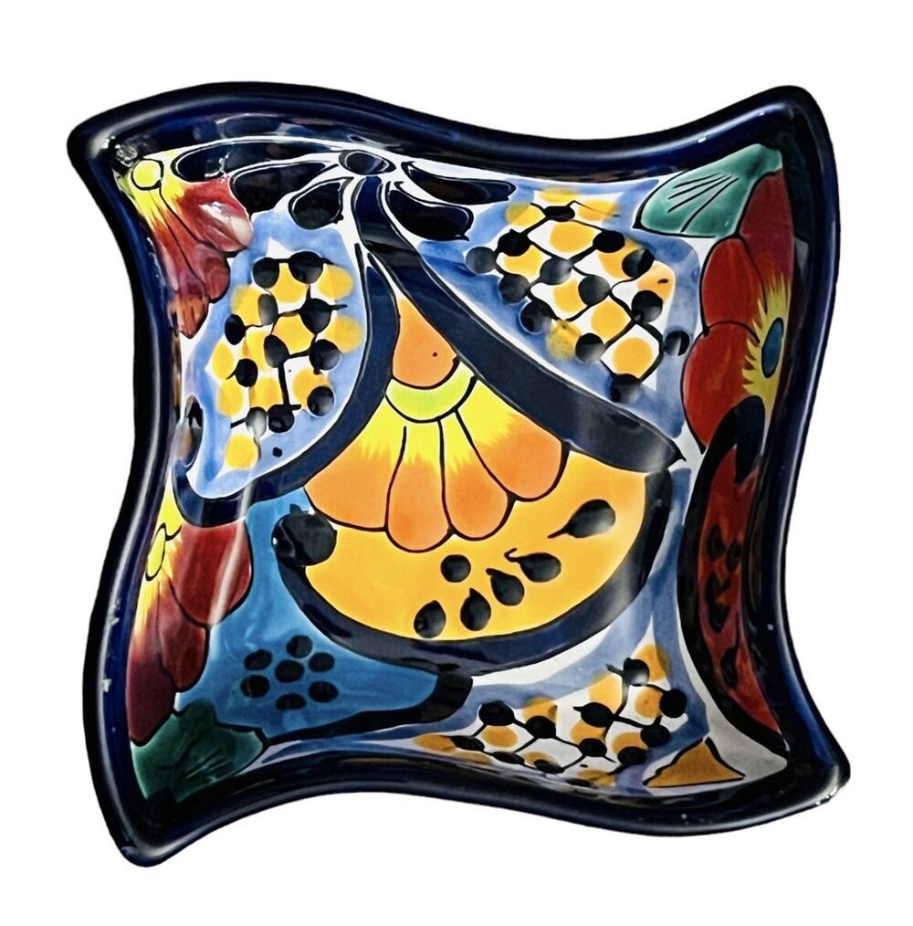 Talavera Enchanted Mexican Pottery Square Blue Floral Small Wavy 7” inch